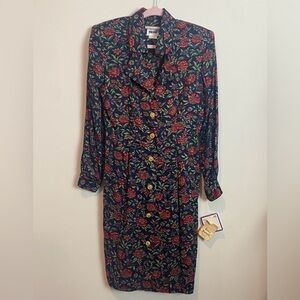 90s Vintage Dark Floral Leslie Fay Long Sleeve Button Down Dress